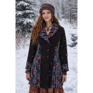 KAMANA Embroidered Wool Blend Cardigan Sweater Jacket Coat Colorful X-Large